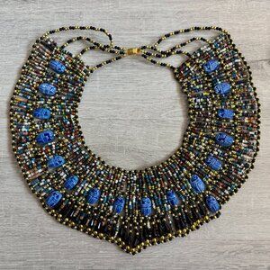 Egyptian Cleopatra Style Collar Necklace with 18 Scarabs